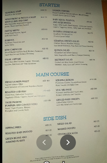 Serafina Dubai resturant menu