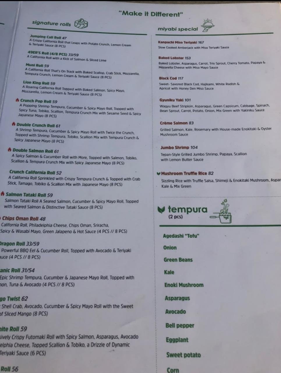 Miyabi Sushi La Mer resturant menu
