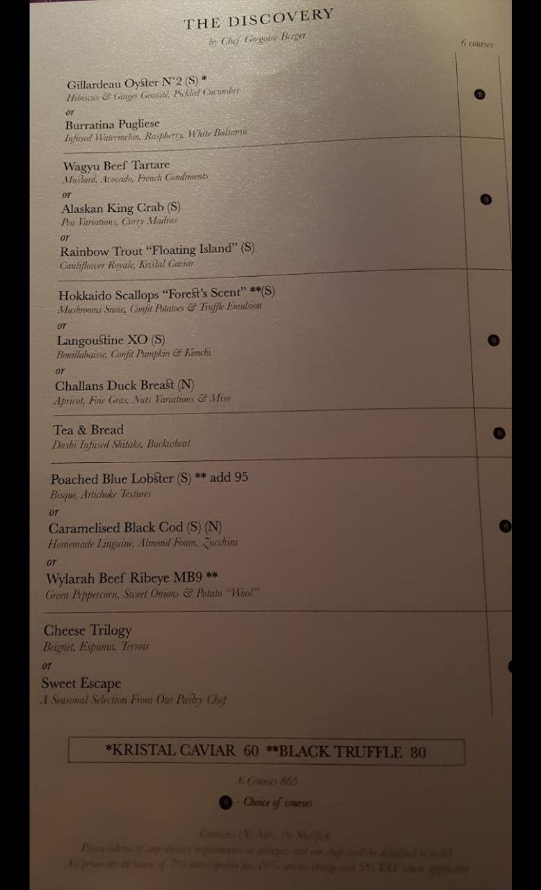 Ossiano resturant menu