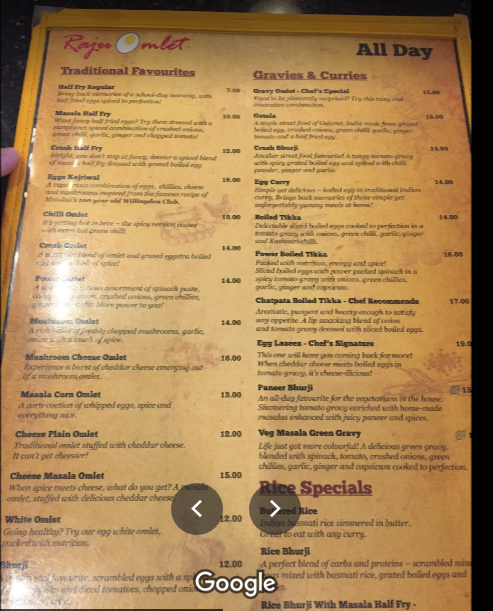 Raju Omlet resturant menu