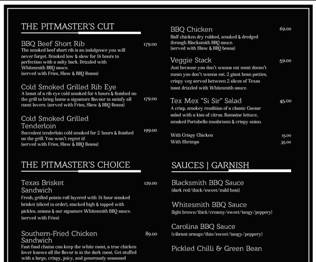 The Blacksmith Dubai menu