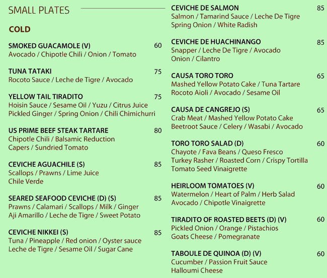 Menu of Toro Toro