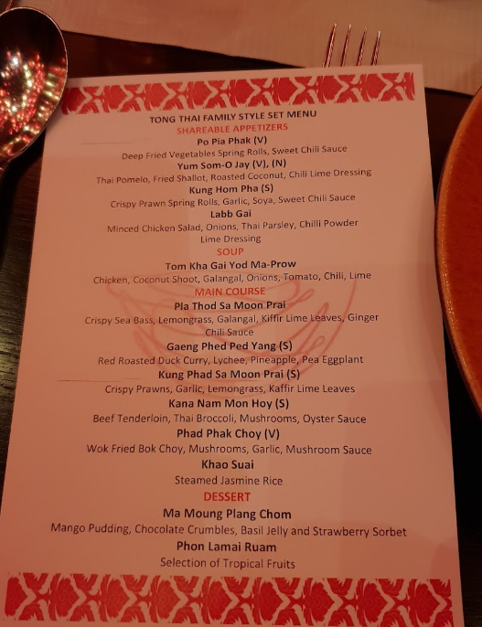 Tong Restaurant Thailand Dubai Menu