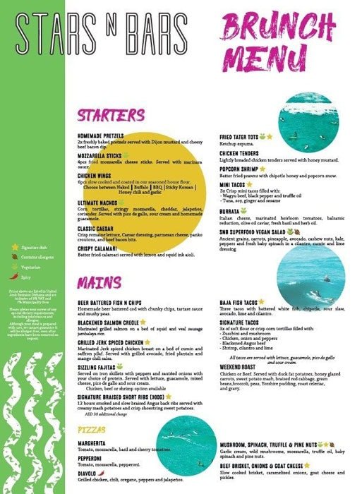 Stars N Bars Menu